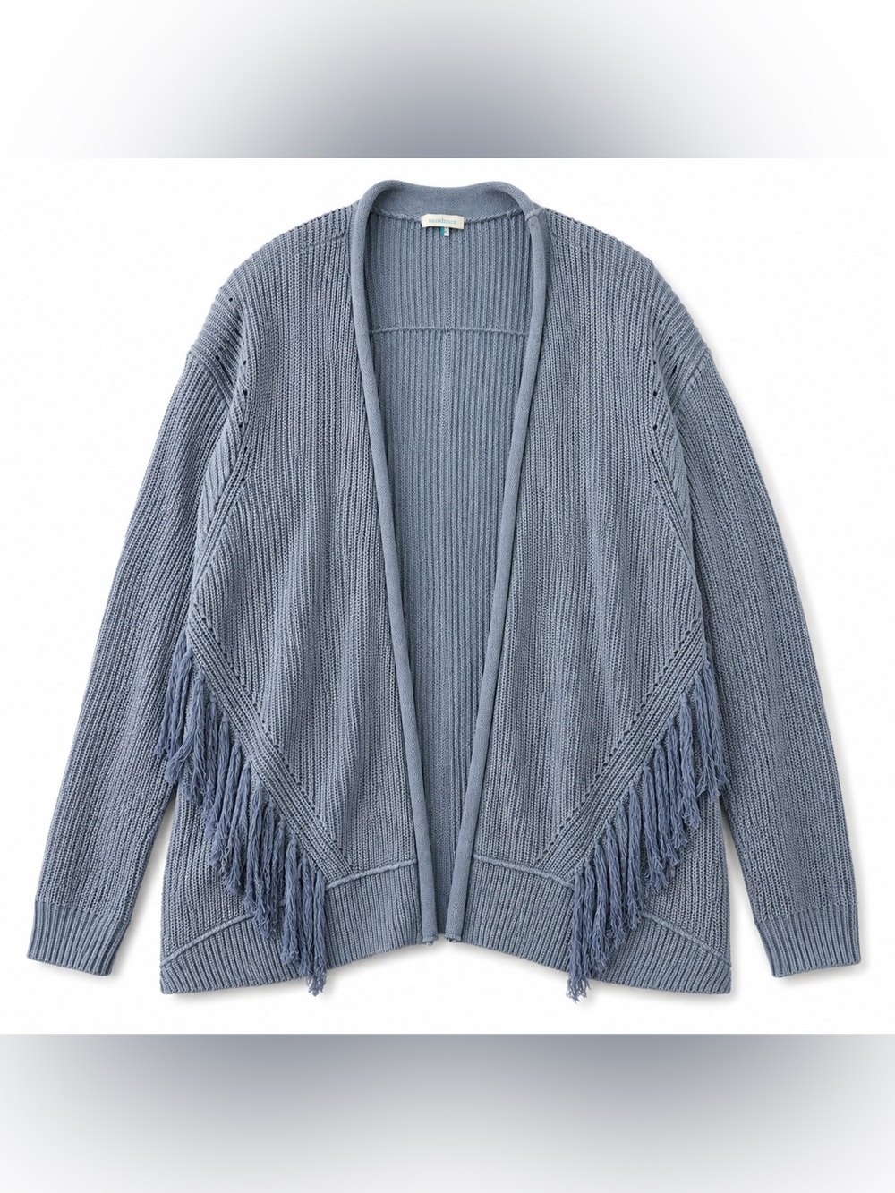 Sundance Blue Gray 100% Cotton Fringe Open Front Boho Cardigan Estimated Size XL